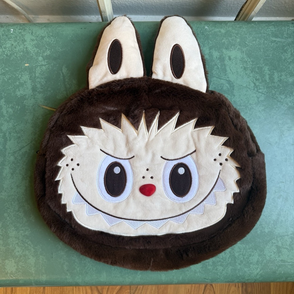 Labubu Inspired Brown Plush Monster Face Backpack Unique Bag Hooks For Straps